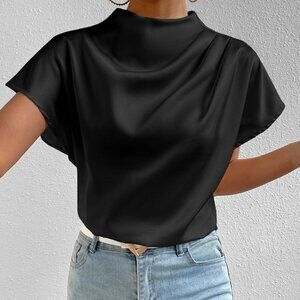 Black Casual Womens Mock Neck Batwing Sleeve Satin Blouse
